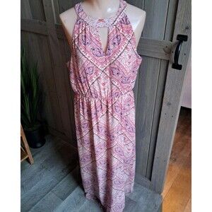 Q & A Medium Maxi Dress Pastel Orange Purple Paisley Summer Sleeveless Boho